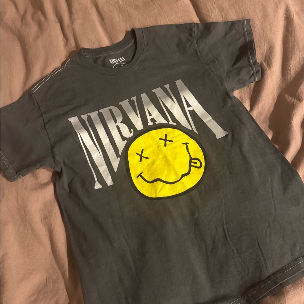 NIRVANA Tee with Yellow Smiley on Charcoal